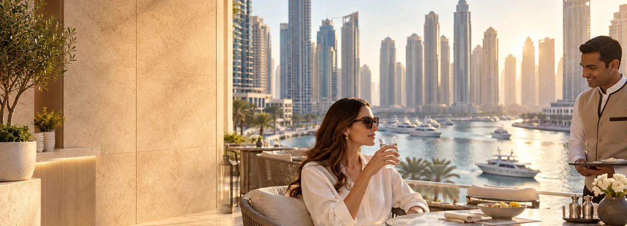 Guest drinking water on a marina terrace